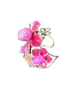 Bangle Cuff Bracelet Flowers Enamel Crystals Garden Party Pink Silver Tone